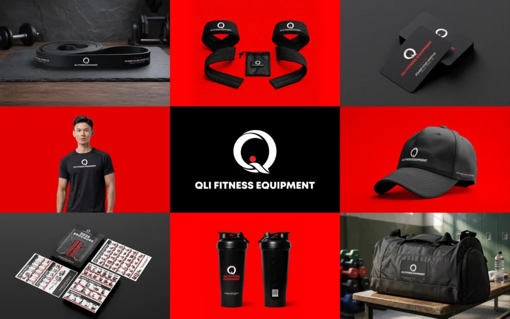 Grid of QLI Fitness Equipment branded merchandise including a cap, t-shirt, water bottle, gym bag and business cards